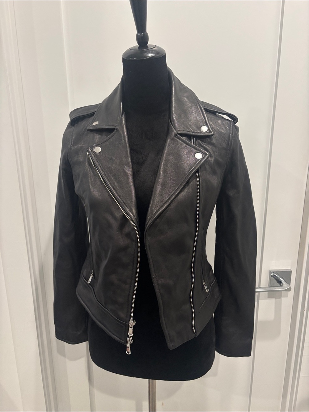 L'AGENCE Black Leather Biker Jacket with Silver Hardware